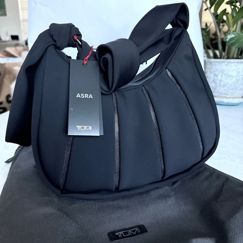 TUMI Asra Small Hobo Bag‎ Black Nylon Pleated Knotted Shoulder Strap Handbag NEW